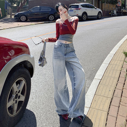 Street wash rundown wind light color scratch retro ground white wide leg jeans women 2025 new mop pants