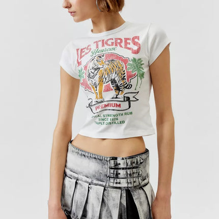 Cross-Border New Summer Round-Neck Tiger Print Short Crop Top Sexy Tight-Fitting Top for Women Slim Fit Summer Quirky Style