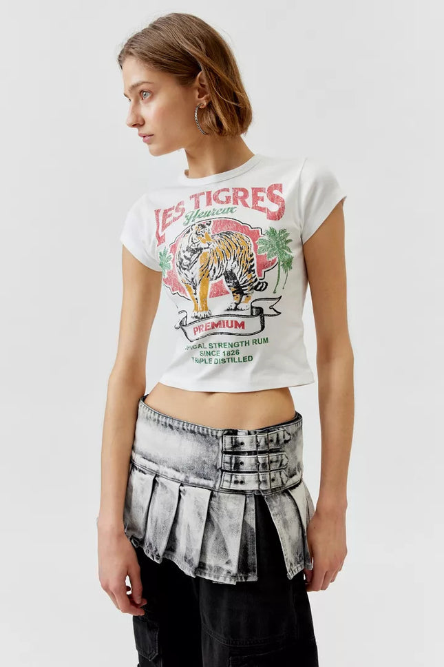 Cross-Border New Summer Round-Neck Tiger Print Short Crop Top Sexy Tight-Fitting Top for Women Slim Fit Summer Quirky Style