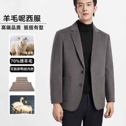 Men's Business Casual Suit Jacket Autumn and Winter Classy Thickeneded Removable down Double-Sided Woolen Outwear