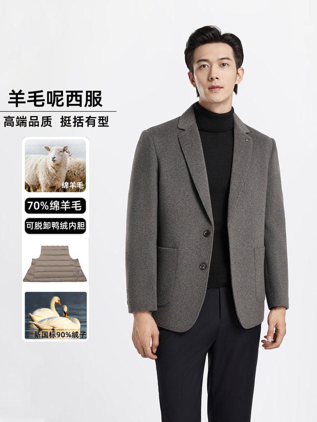 Men's Business Casual Suit Jacket Autumn and Winter Classy Thickeneded Removable down Double-Sided Woolen Outwear
