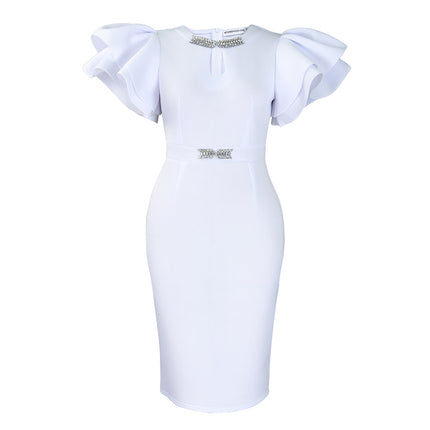 D580 European and American Cross-border Summer Round Neck Lotus Leaf Sleeve Nail Drill Hip dress Party Banquet Hollow Foreign Trade Dress