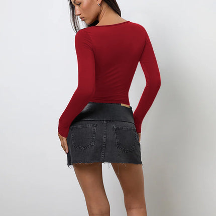 Cross-Border New Women's Y2K Hot Girl Slim Fit Personalized U-Neck Long-Sleeved T-Shirt Pure Color Bottoming Short Crop Top