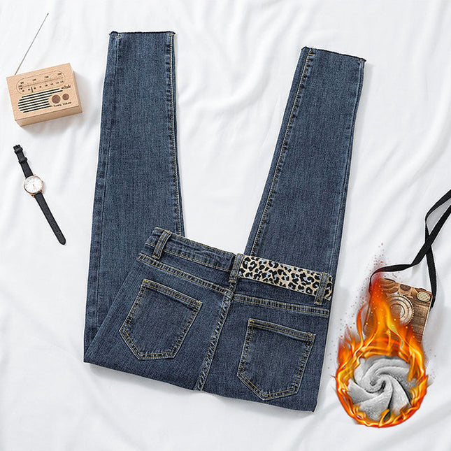 Leopard-print Thickened High-waist Jeans Women's Fleece-lined Autumn and Winter Warm Stretch Pencil Pants Slim-fit Fur-edged Cropped Pencil Pants