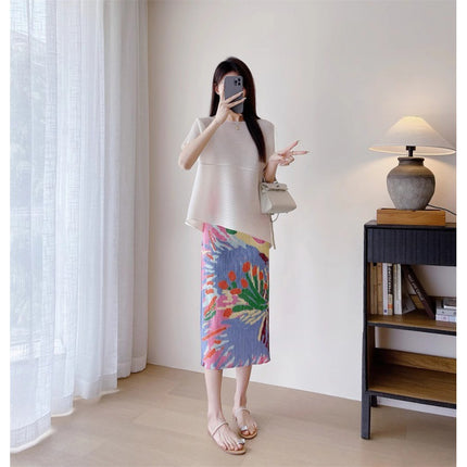 Miyake Pleated Irregular Top Gorgeous Fireworks Printed Opening Midi Skirt Heavy Industry Pleated Straight Skirt Women
