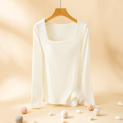 Women's Autumn and Winter Warm Tops with Built-In Bra Pads, Sexy Square Neck, Double-Sided Brushed Bra Integrated Base Layer Shirt