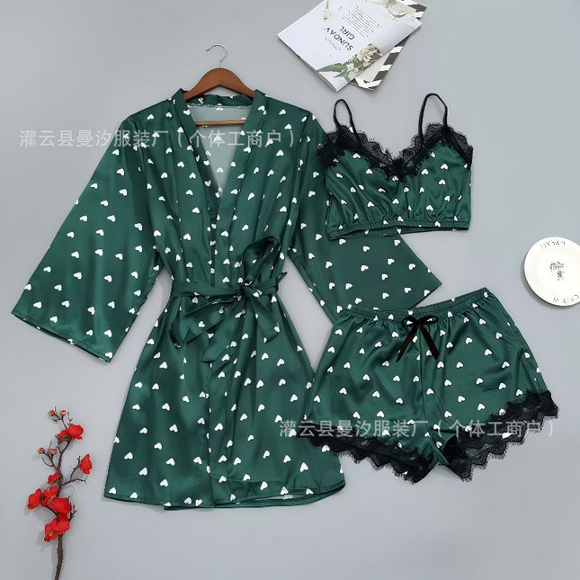 Cross-Border New Style Camisole, Shorts, and Robe Three-Piece Set, Sexy Lace Women's Loungewear Pajamas, Wholesale in Stock
