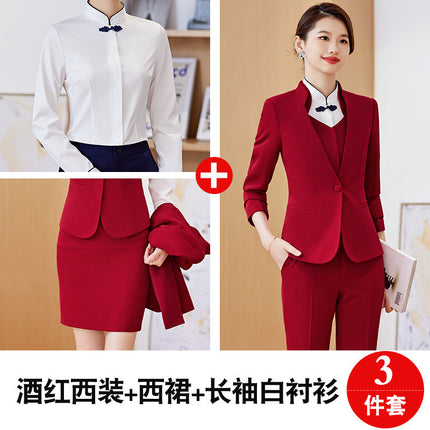 Spring and Autumn 2023 Commuter New wine red Long Sleeve Suit I Also Blouse Pants Skirt Four-Piece Suit