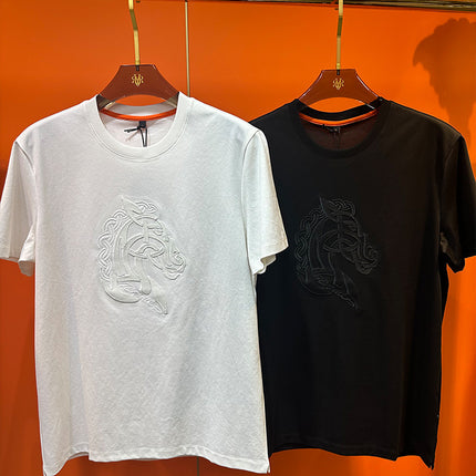 [Light Luxury and Classy] War Horse Leather Embroider Men's Short-Sleeved Summer Fashion Casual Versatile Round Neck T-Shirt Thin