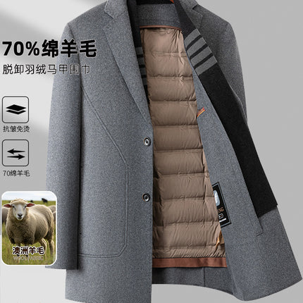 Men's Wool Coat Autumn and Winter Mid-Length Business Casual Removable Down Liner Middle-Aged and Elderly Woolen Coat