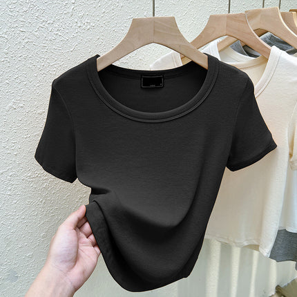 2025 New Summer U-Neck Right Shoulder T-Shirt Slim Design Niche Short-Sleeved Sexy Small Top for Women Export