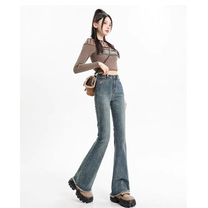 Vintage Fur-Edge Micro-Lam Jeans Women's Trendy All-Match New High-Waist Slim-Fit Stretch Horseshoe Trousers