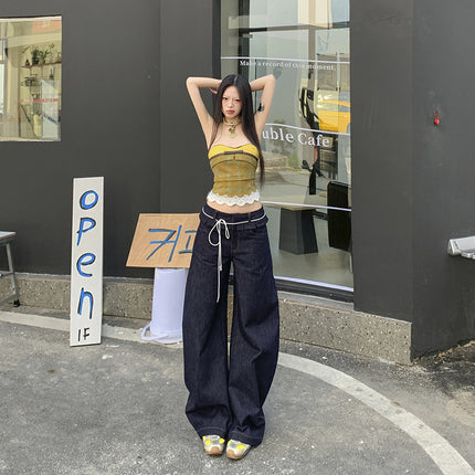 Ear-rimmed double waist jeans for women 2025 new high waist slimming all-match machete design wide leg mop pants
