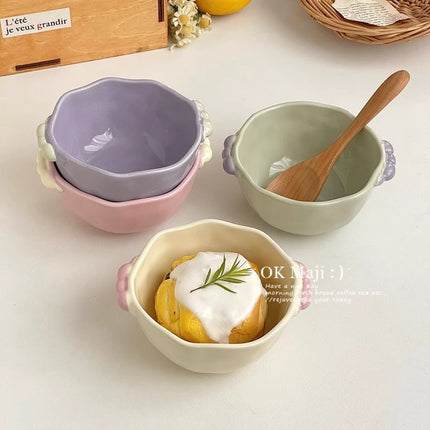 High Yan Value ins Jelly Bean Pearl Double Ear Bowl Cute Cream Style Yogurt Fruit Oatmeal Salad Breakfast Soup Rice Bowl