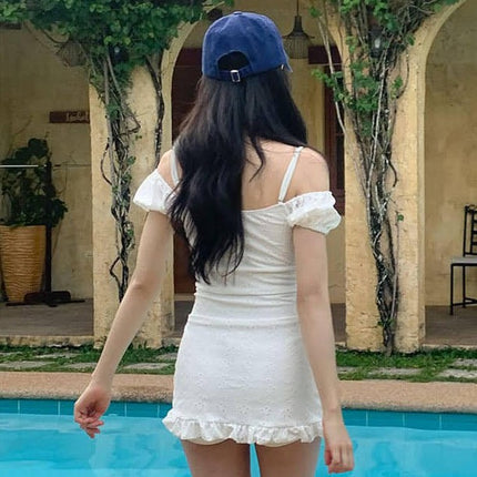 New One-Piece Swimsuit for Women, Off-Shoulder Straps, Puff Sleeves, Chest Straps, Cut Out Ruffles, Slim Vacation Swimsuit for Women
