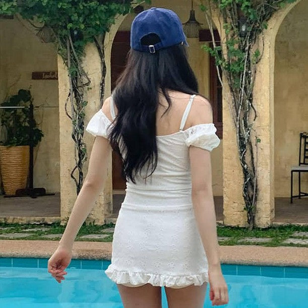 New One-Piece Swimsuit for Women, Off-Shoulder Straps, Puff Sleeves, Chest Straps, Cut Out Ruffles, Slim Vacation Swimsuit for Women
