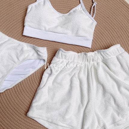 South Korea ins new solid color towel fabric camisole elastic waist loose shorts women's split swimsuit