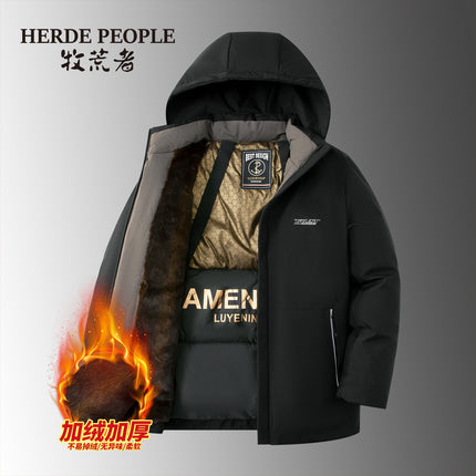 Winter Thickeneded Velvet Warm Cotton Coat Black Gold Lining Removable Hooded Business Men and Women Simple Cotton Coat