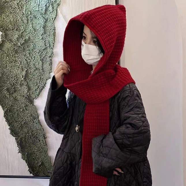 Winter Warm Women's Hat Wool Hat Cross-border Explosions Rafa Fake Hoodie Hat Scarf Shawl Integrated Knitted Ear Protection Hat