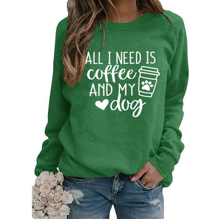 Foreign trade supply all I need is coffee printed crew neck top sweater European size ladies coat long sleeve