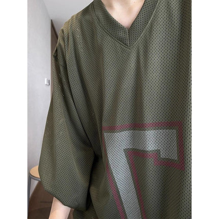 2026 Autumn and Winter New Retro Loose-Fitting Army Green Mesh Digital Print V-Neck Long-Sleeved T-Shirt Men's Jersey Ins