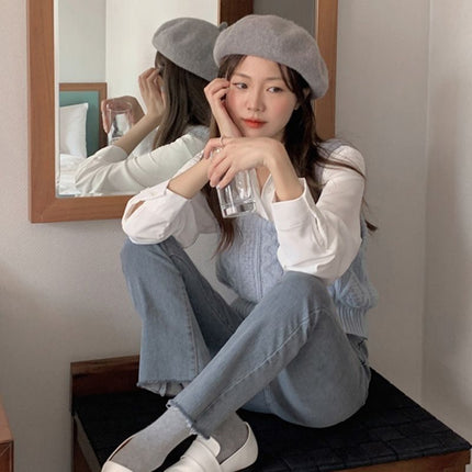 Autumn 2024 Short Japanese Twist Knitted Vest Long-sleeved Shirt Stacked on Instagram Style Two-piece Set
