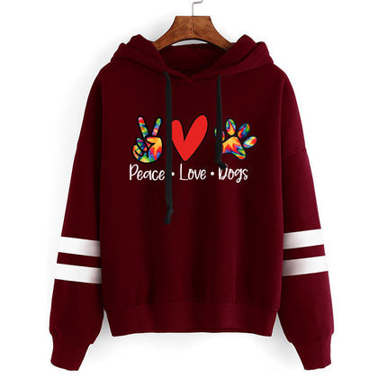 Scissors Hand Love Dog Feet Peace Love Dogs Printed Parallel Bars Striped Sweatshirt Autumn and Winter European and American Men and Women