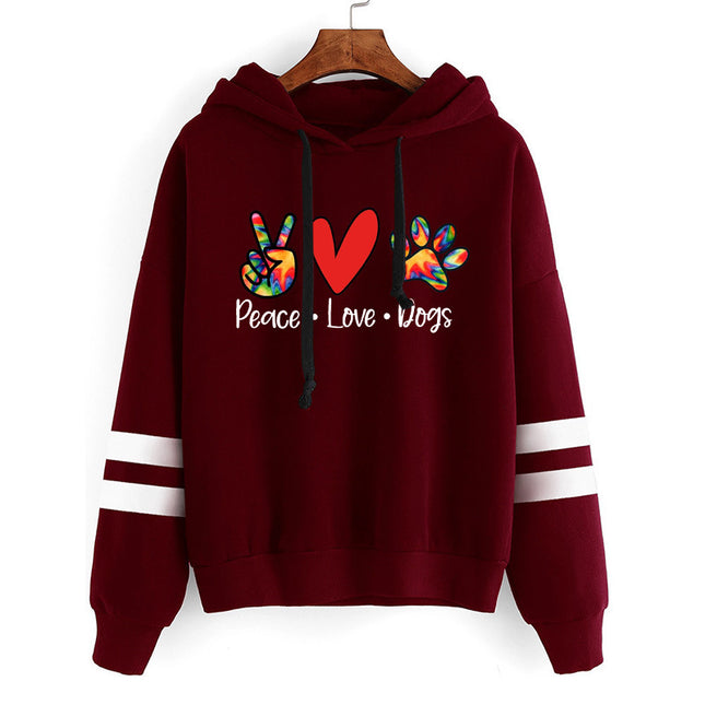 Scissors Hand Love Dog Feet Peace Love Dogs Printed Parallel Bars Striped Sweatshirt Autumn and Winter European and American Men and Women