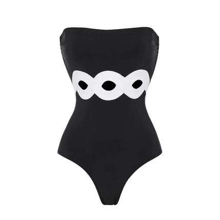 2024 European and American Swimwear New Simple Black and White Contrast Color one-piece Swimsuit Women's Cross-border Explosion 25099