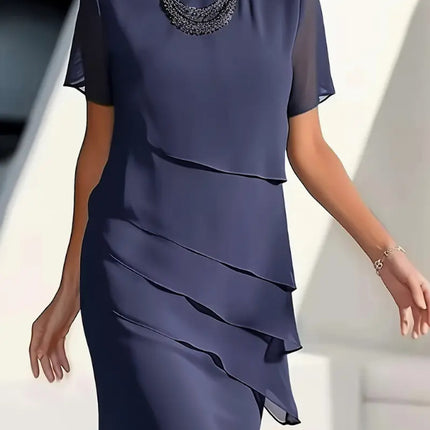 European and American Cross-Border Amazon Wish Export Women's Pure Color Short-Sleeved Glitter Ruffled Round Collar Casual Dress