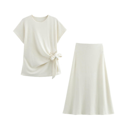 Foreign trade autumn and winter new European and American style knot decoration soft short sleeve top 0858673 Midi skirt 0858674