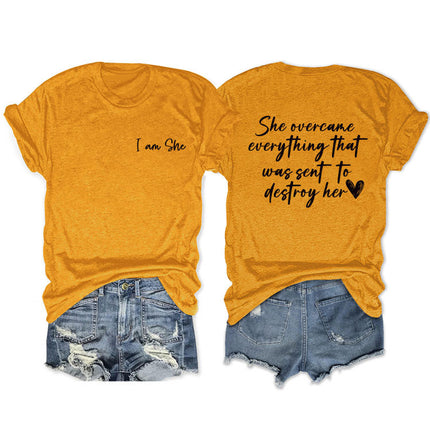 Amazon double-sided printed summer round neck short sleeve she overcame everthing loose all-match T-shirt