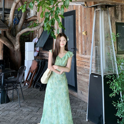 Green Ruffled Floral Dress Summer 2025 Seaside Vacation Wear Long Dress Summer Beautiful Little Skirt