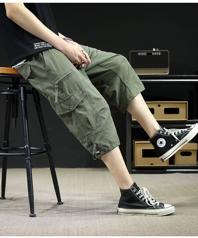Summer thin overalls men's capri pants casual loose overalls 7 pants breeches pants washed shorts