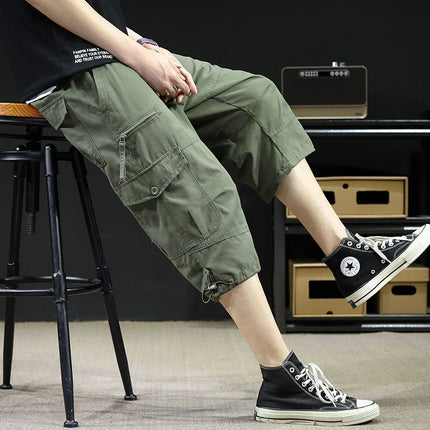 Summer thin overalls men's capri pants casual loose overalls 7 pants breeches pants washed shorts