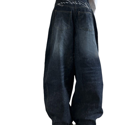 Strawberry Bear Classmate American Retro Dark Blue Letter Print Jeans Scimitar Wide-Leg Floor-Length Pants for Women
