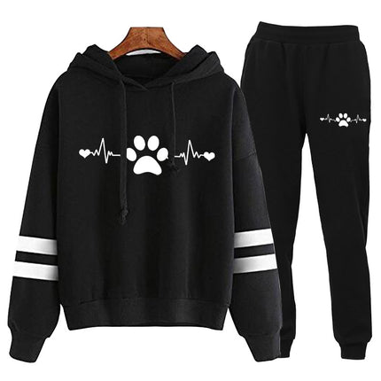 Heart beat electrocardiogram dog claw dog foot love print parallel bars striped long sleeve hooded sweater suit European code cross border