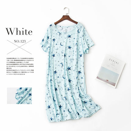 2025 European and American Amazon Spring and Summer New Short-Sleeved Cartoon Printed Nightgown Home Wear Women's Casual Style Dress