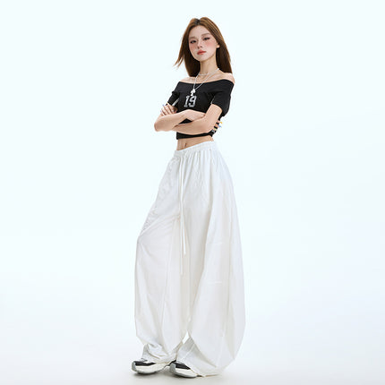 Fashionable Lazy Style Wide-Leg Casual Pants for Women, Summer Thin Design with Spliced Drawstring Elastic Waist, Loose Scimitar Pants