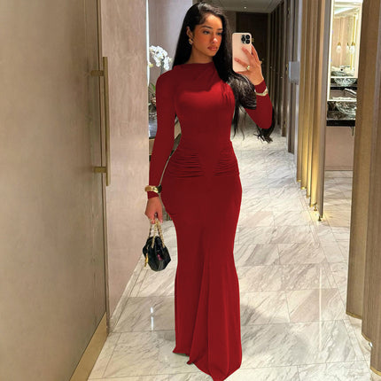 Independent Station Cross-Border Hot Sale Autumn Women's Solid Color Long-Sleeved Round Neck Pleated Simple Sexy Dinner Hip-Hugging Dress