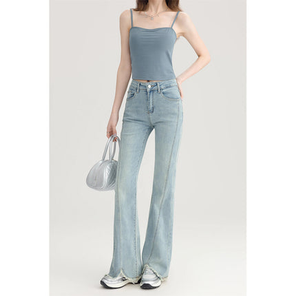 High Waist Micro-flared Jeans Women's 2025 Spring New Arrival Short-length Rag-edge Design Stretch Slim-fit Horseshoe Pants