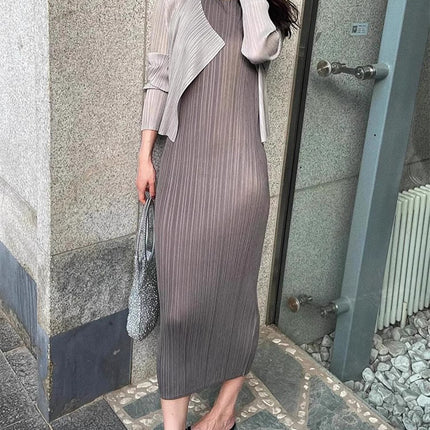 Miyake Women's Pleated dress Summer Long High-end Slimming Straight Sleeveless Vest Long Dress Slim-fit One-step Dress