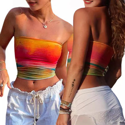 123122 Aliexpress Ebay Amazon European and American Cross-Border Foreign Trade Printed Slim-Fitting Sexy Patchwork Tube Top Tight-Fitting