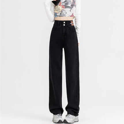 Women's Versatile Retro Blue Floor-Length Pants, Stylish High-Waisted Straight-Leg Jeans, Slimming 2025 Drapey Wide-Leg Pants, Trendy