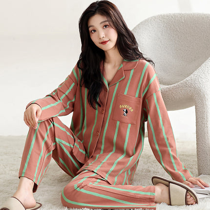 Pure Cotton Pajamas Women's Spring and Autumn Women's Casual Long-sleeved Trousers Home Clothes Women's Autumn Lapel Home suit Green