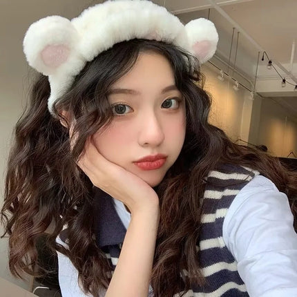 Strawberry Bear Plush Ear Headband for Washing Face, Hair Tie, Face Mask, Makeup, Bear Headband, Heart Bangs