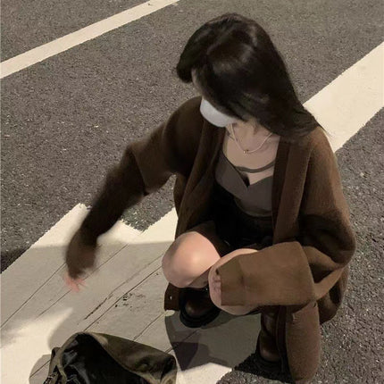 Gentle Lazy Style Grey V-neck Sweater Cardigan Coat Women's Autumn and Winter Small Medium and Long Knitted Sweater Three-piece Set
