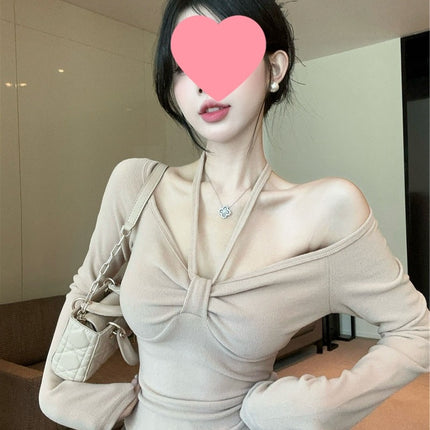 Socialite Style Pure Desire Sexy Halter Neck Long-Sleeve Shirt for Women, Autumn and Winter Base Layer, Slim-Fit Design, Short Top