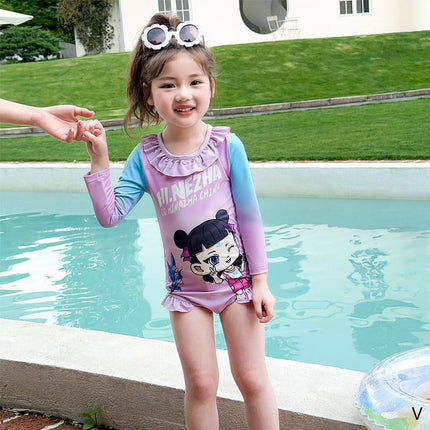 Quick-Drying Sun-Protective Girls' Swimsuit Summer One-Piece Little Girl's Hot Spring Swimming Children's Beachwear Summer Long-Sleeved Swimsuit