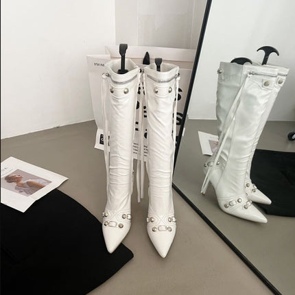 European and American New Pointed Thin Heel Metal Rivet Motorcycle Catwalk Women's Boots Belt Buckle Tassel plus size Knight Fashion Boots